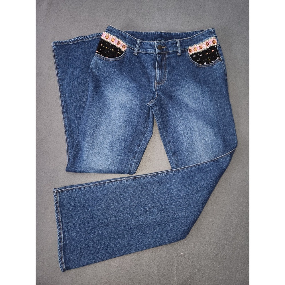Willi Smith Vintage Y2K Beaded Flare Jeans Sz 10‎ Dark Wash Boho Retro Low Rise
